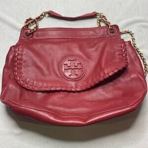 Tory Burch Marion Red Leather Saddle Bag with Gold Hardware